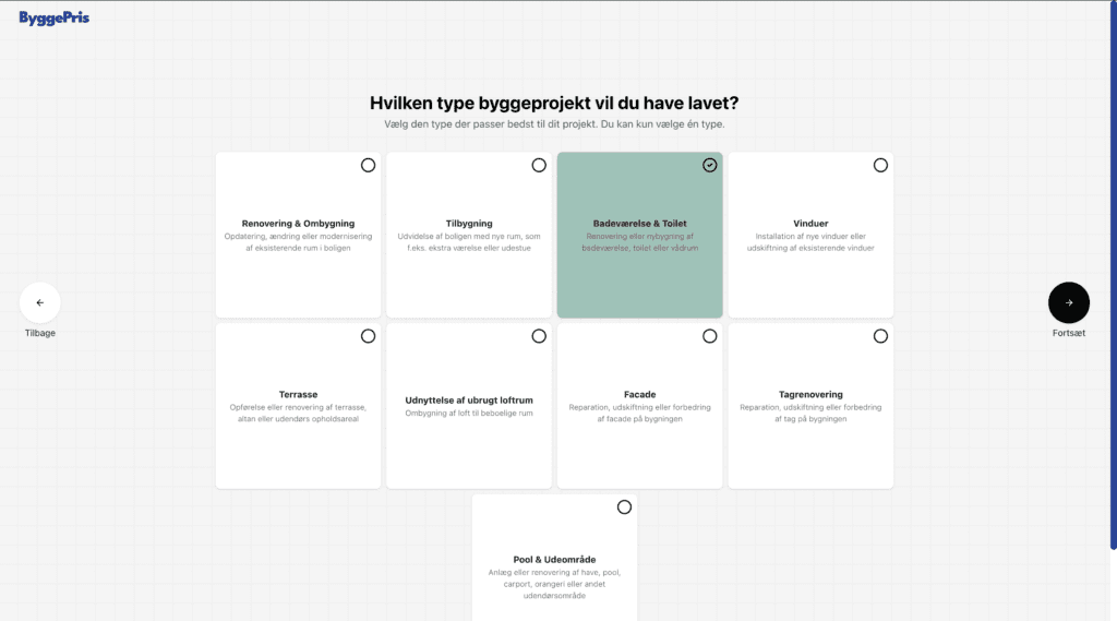 Skærmbillede af ByggePris-platformen